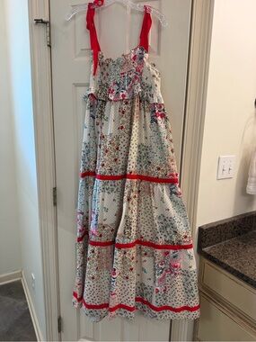 HUNTER BELL White Floral Tiered Maxi Dress with Red Accents
